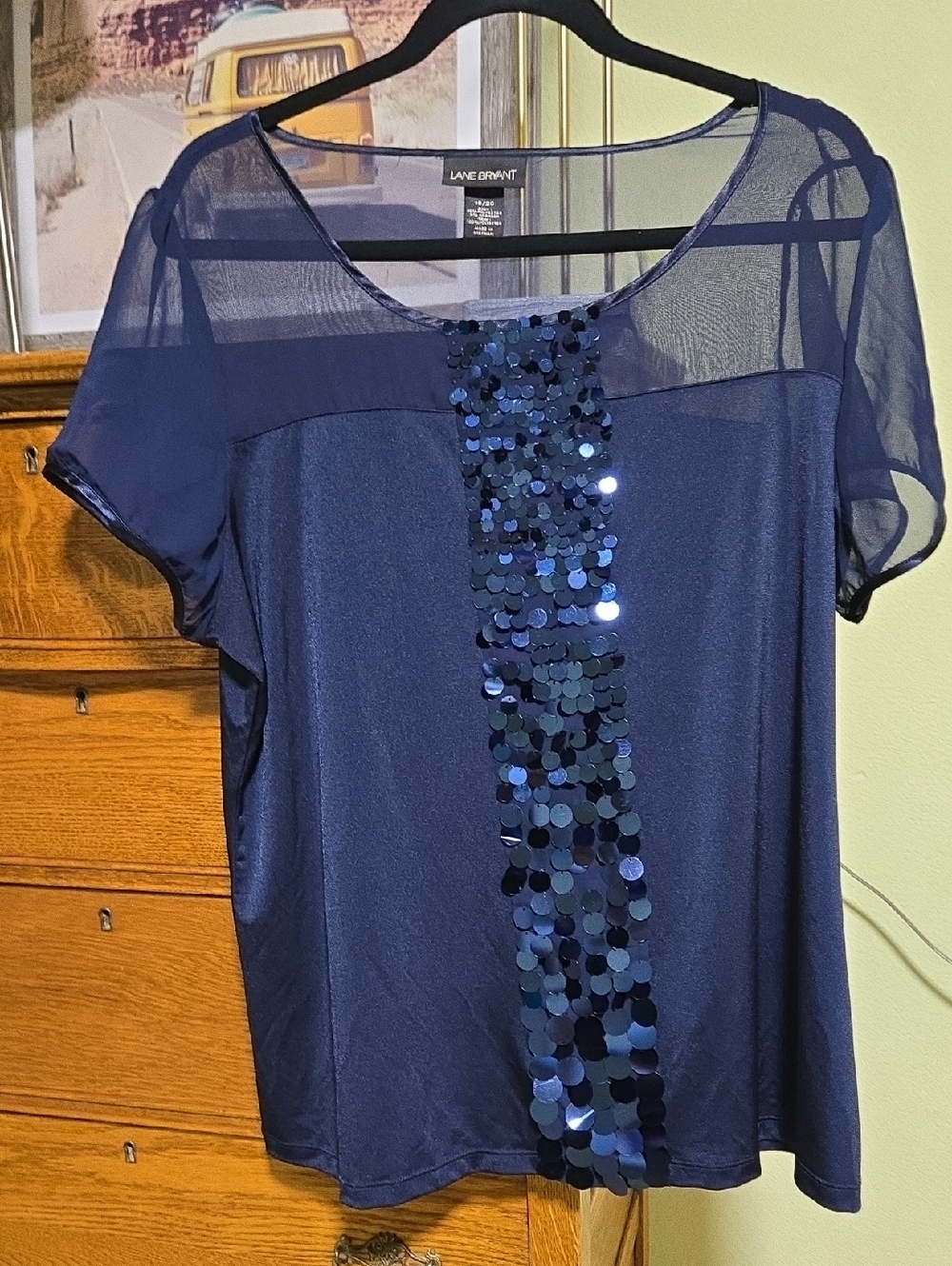 Lane Bryant Navy Blue Sequin Mesh Short Sleeve Blouse